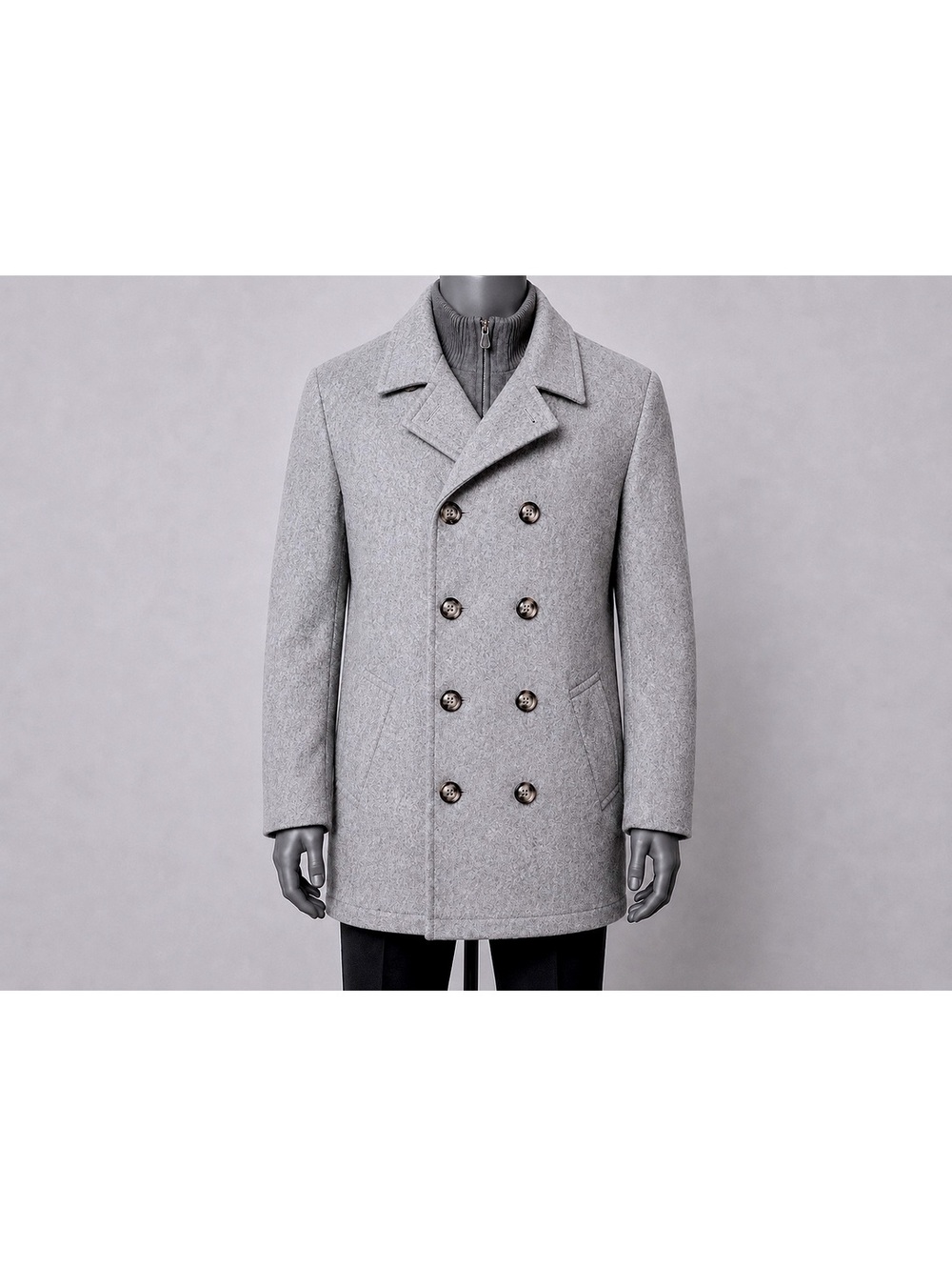 Egara Men’s L Gray Wool Blend Double Breasted Peacoat Removable Bib Jacket